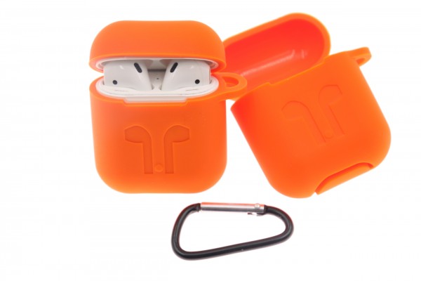 Airpod Case orange, mit Karbiner, Strong-Silikon